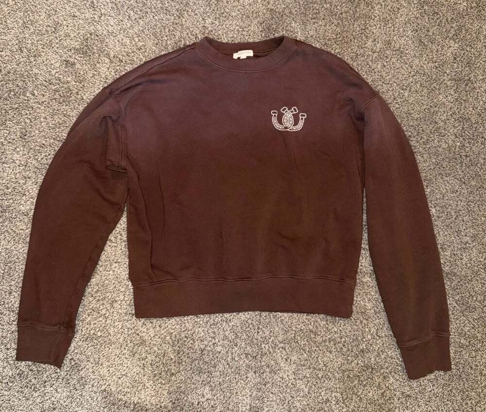 Modish Rebel Brown Horseshoe and Running Horse Graphic Crewneck Sweatshirt